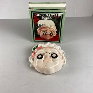 Vintage Mrs. Santa Mask Ceramic Wall Hanging With Original Box Christmas Decor